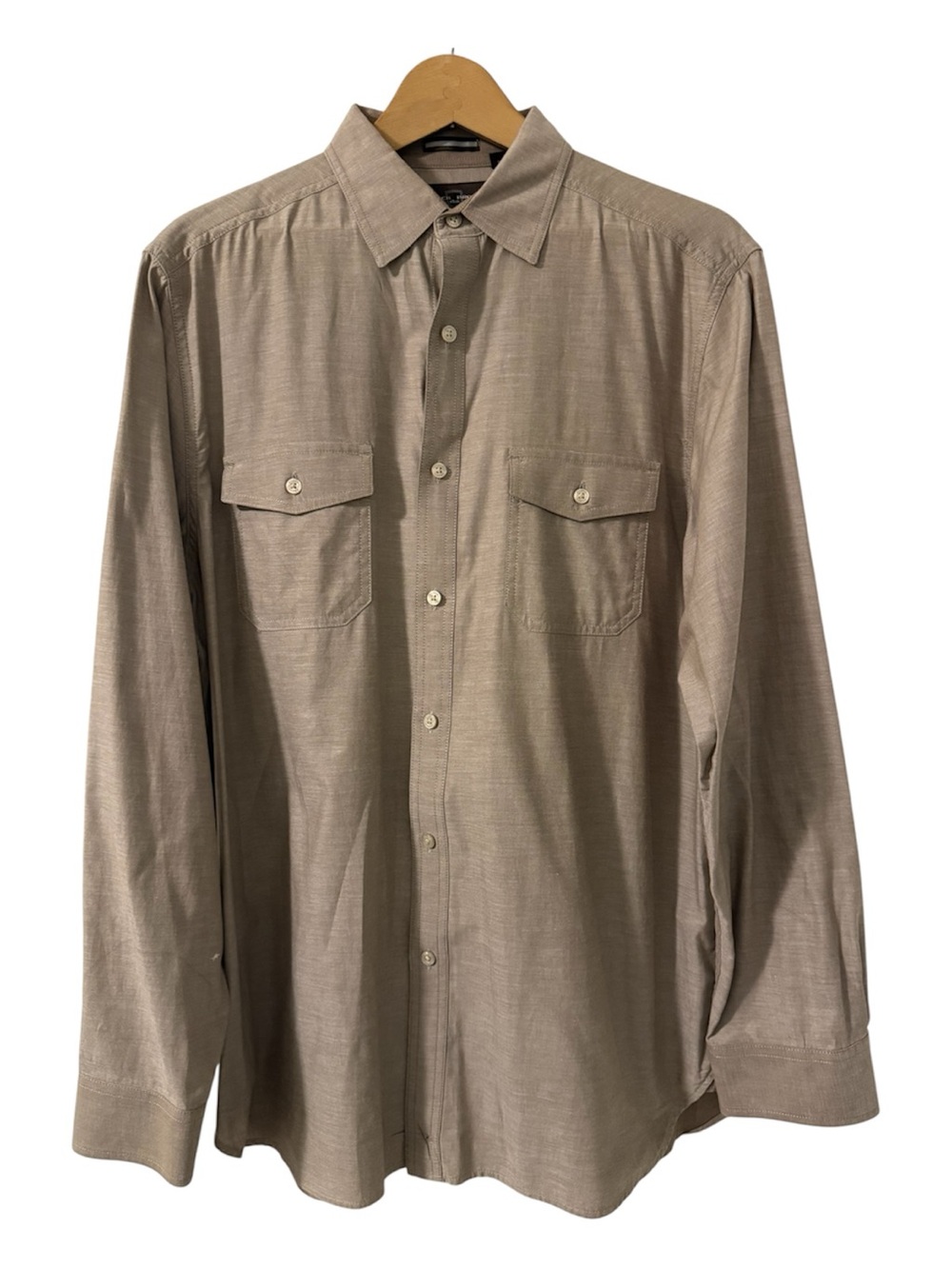 Black Brown 1826 Taupe Utility Dress Shirt Double Pocket Button Front Size L